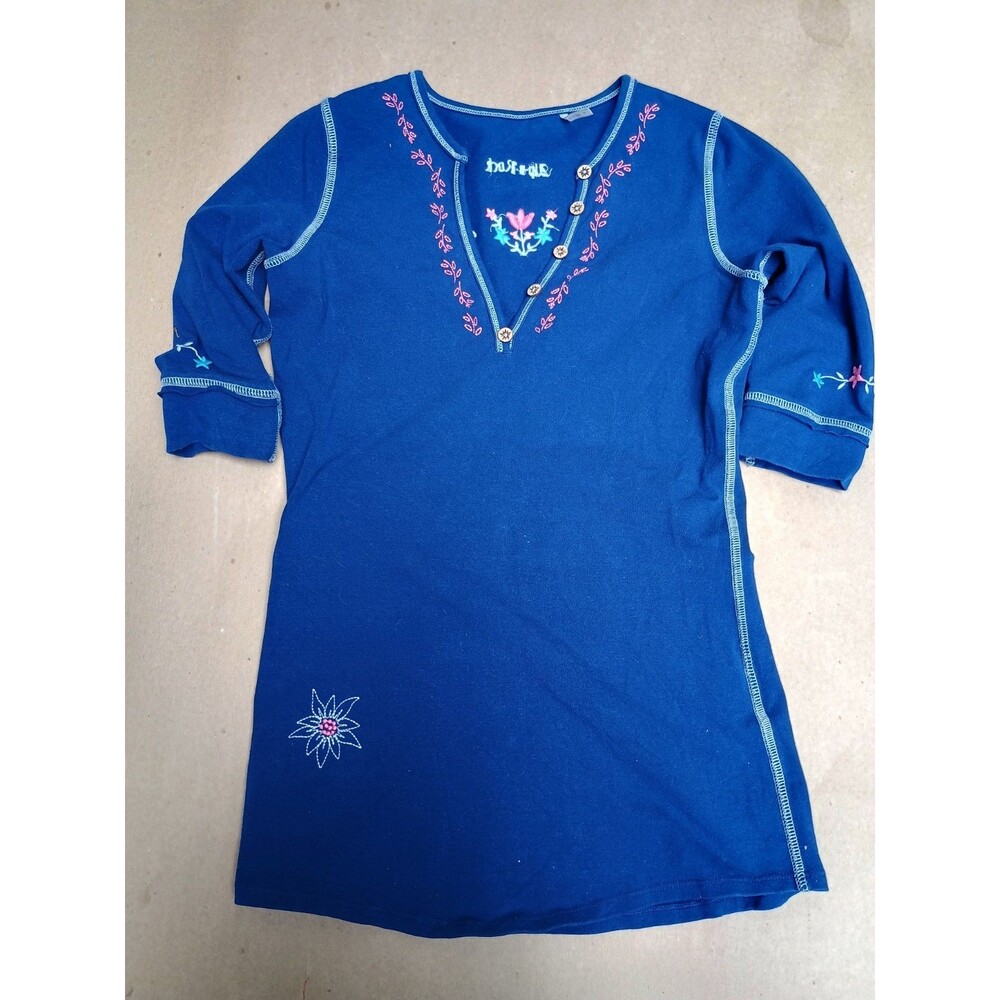 Alp N Rock Henley Embroidered Shirt Womens Size 1 Blue 3/4 Sleeve EUC